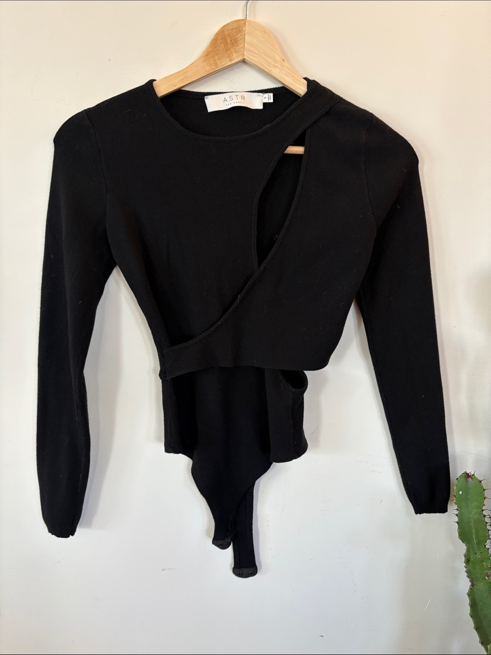 Astr Black Asymmetric Cutout Long Sleeve Bodysuit